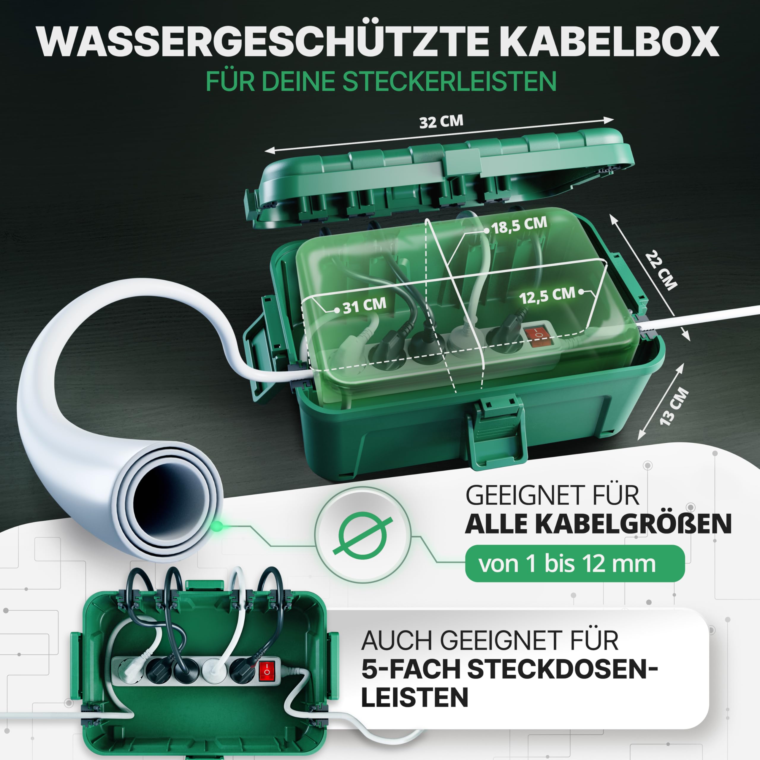 Wetterfeste Kabelbox (IP54) mit 6 Kabeleingängen