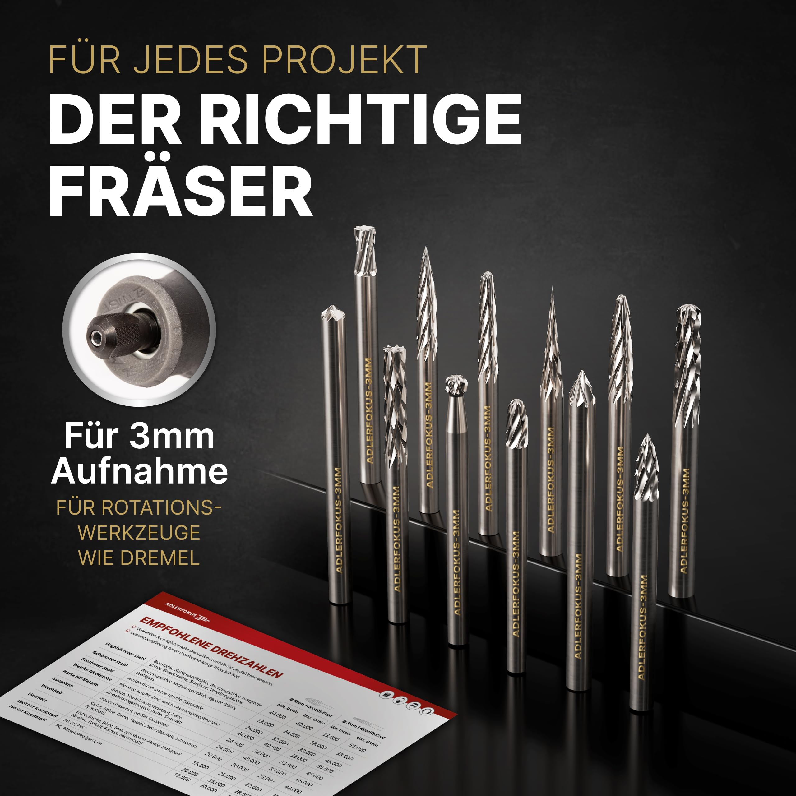 Hartmetall Frässtifte Set (12 Stück) mit 3mm Kopf und 3mm Schaft