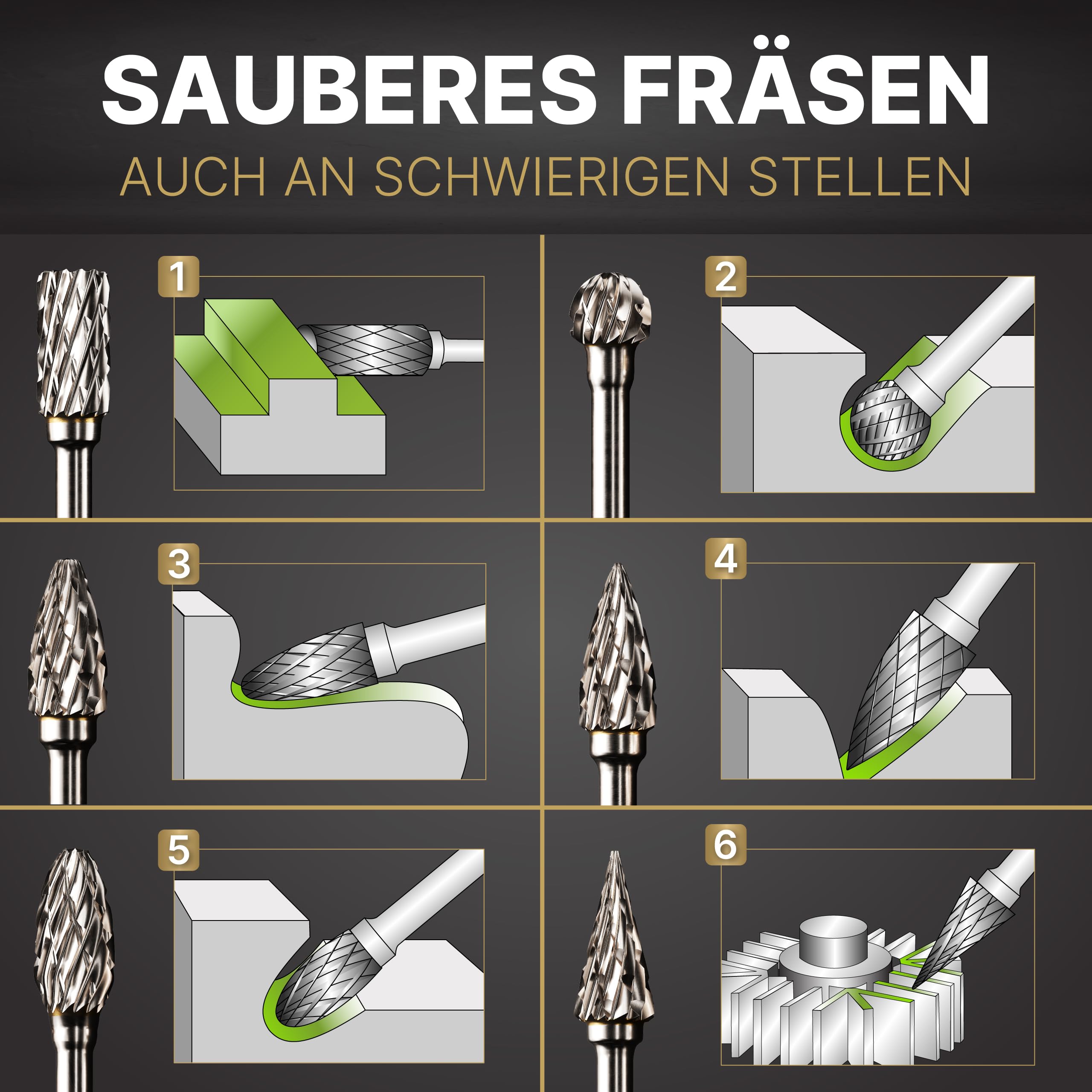 Hartmetall Frässtifte Set (6 Stück) mit 6mm Kopf und 3mm Schaft