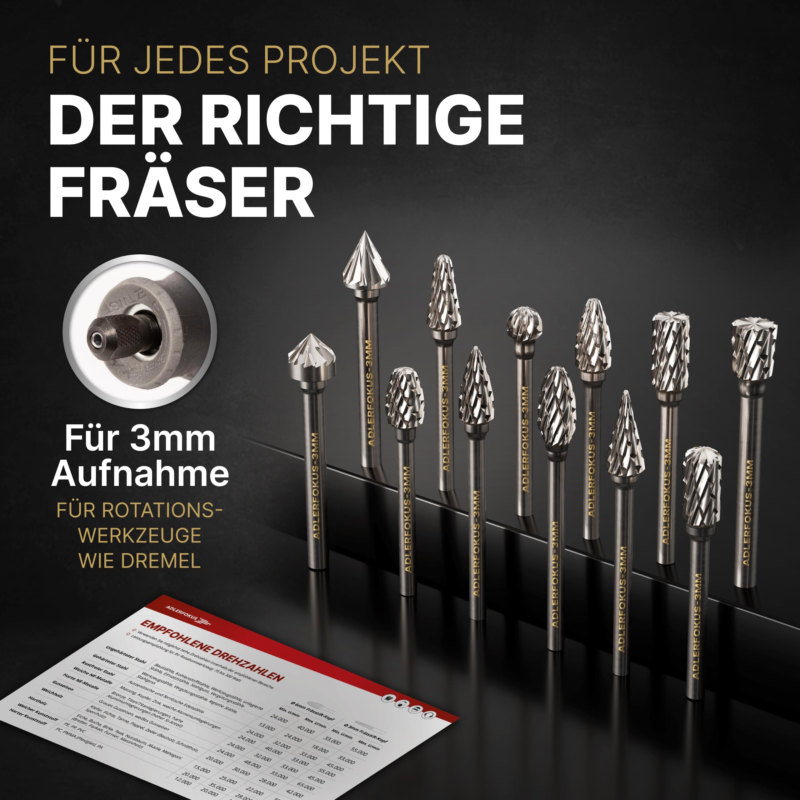 Hartmetall Frässtifte Set (12 Stück) mit 6mm Kopf und 3mm Schaft