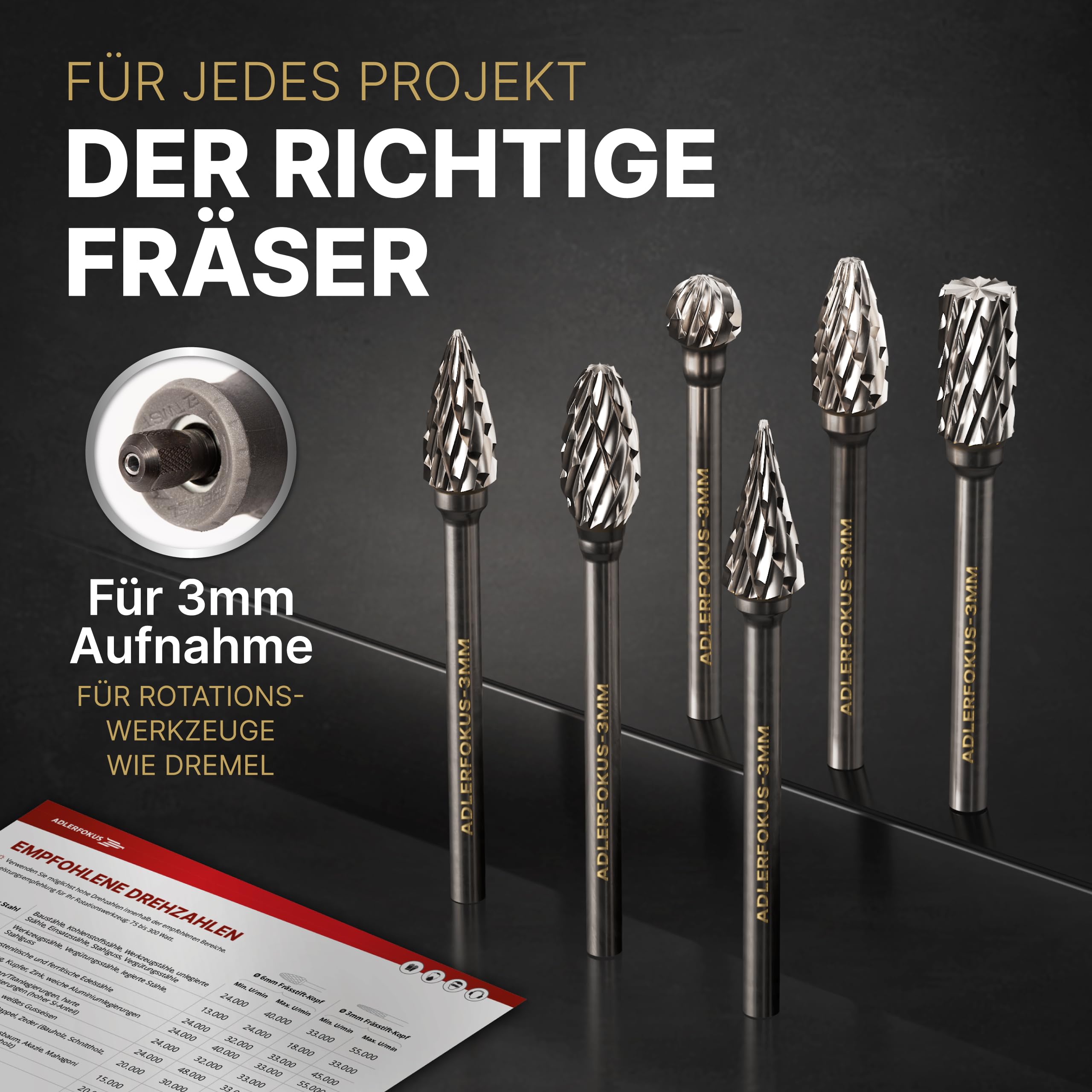 Hartmetall Frässtifte Set (6 Stück) mit 6mm Kopf und 3mm Schaft
