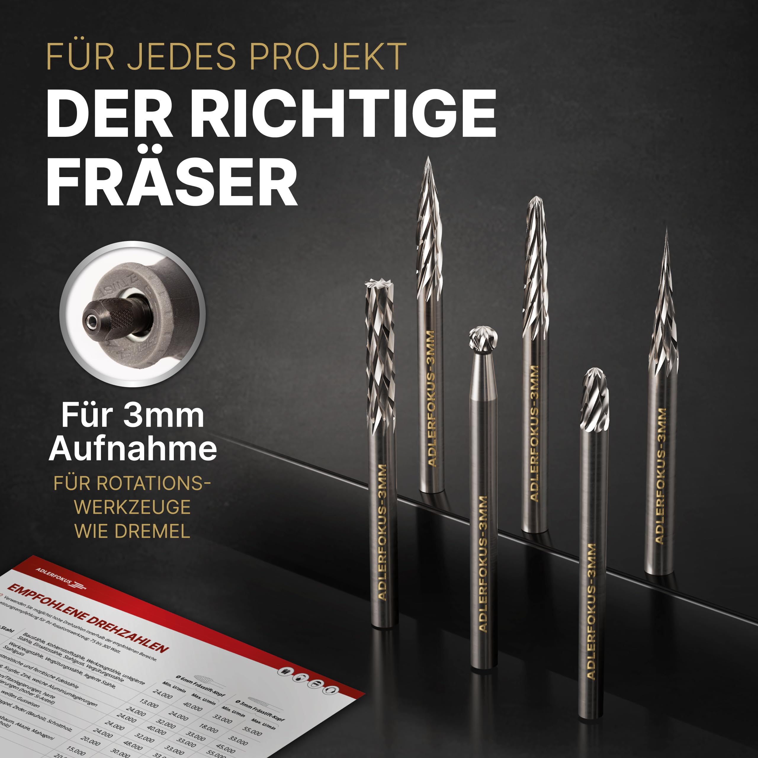 Hartmetall Frässtifte Set (6 Stück) mit 3mm Kopf und 3mm Schaft