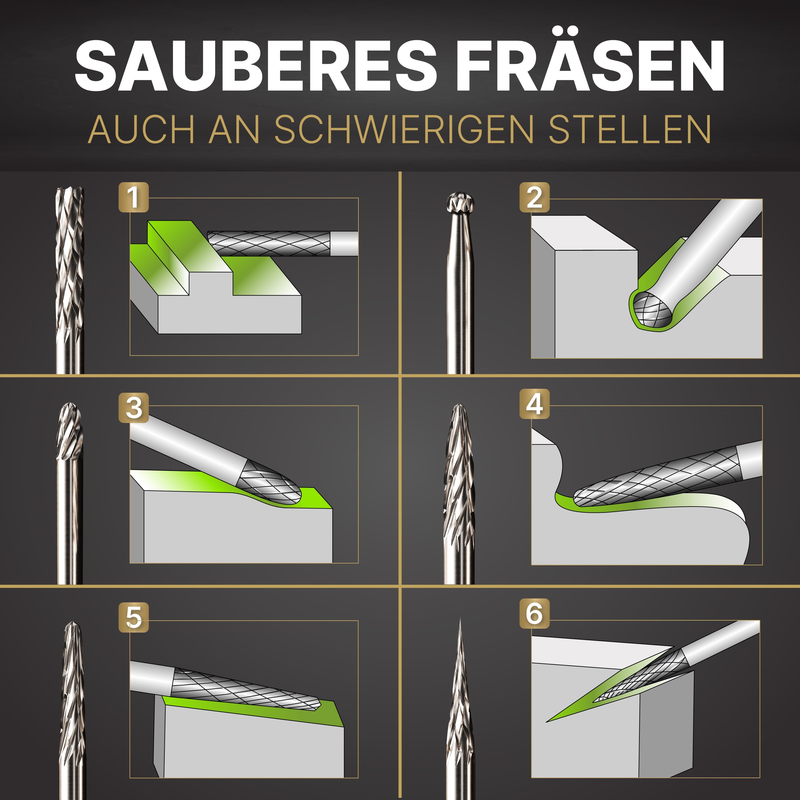 Hartmetall Frässtifte Set (6 Stück) mit 3mm Kopf und 3mm Schaft