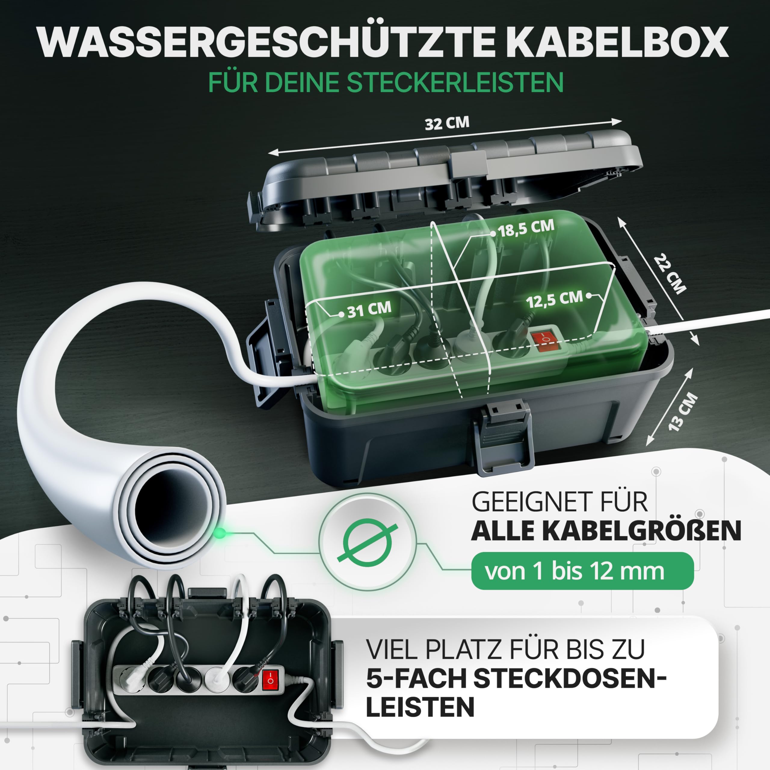 Wetterfeste Kabelbox (IP54) mit 6 Kabeleingängen