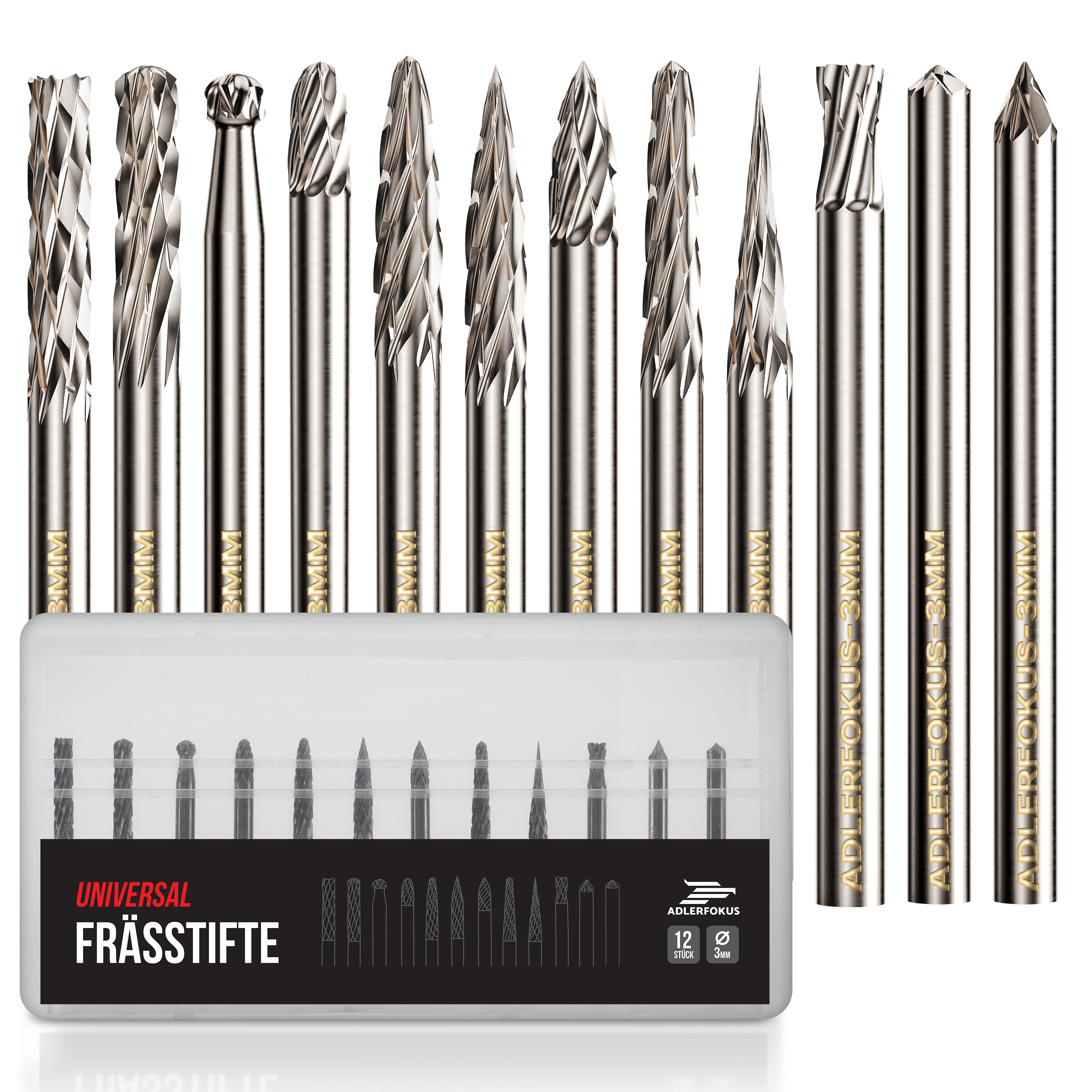 Hartmetall Frässtifte Set (12 Stück) mit 3mm Kopf und 3mm Schaft