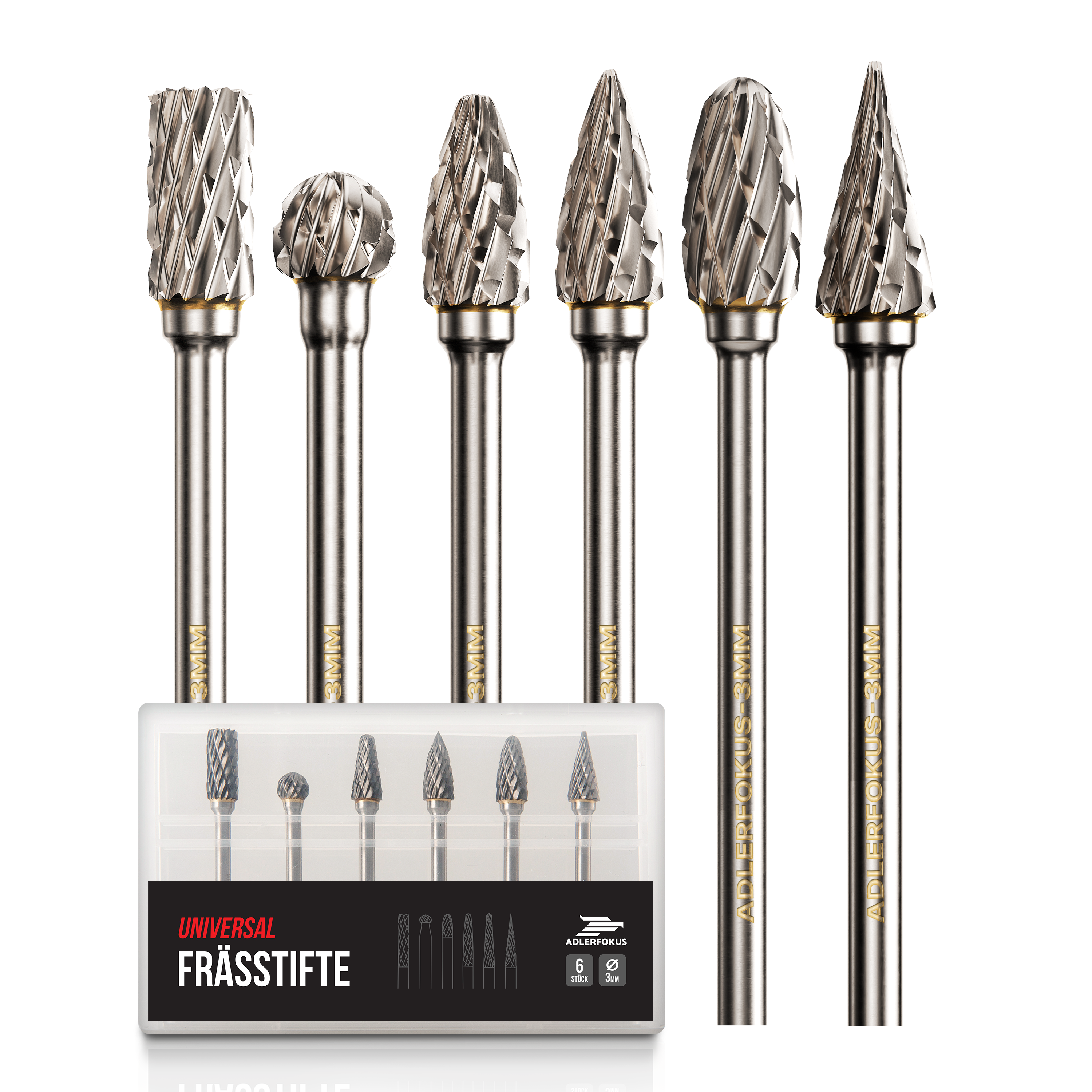 Hartmetall Frässtifte Set (6 Stück) mit 6mm Kopf und 3mm Schaft