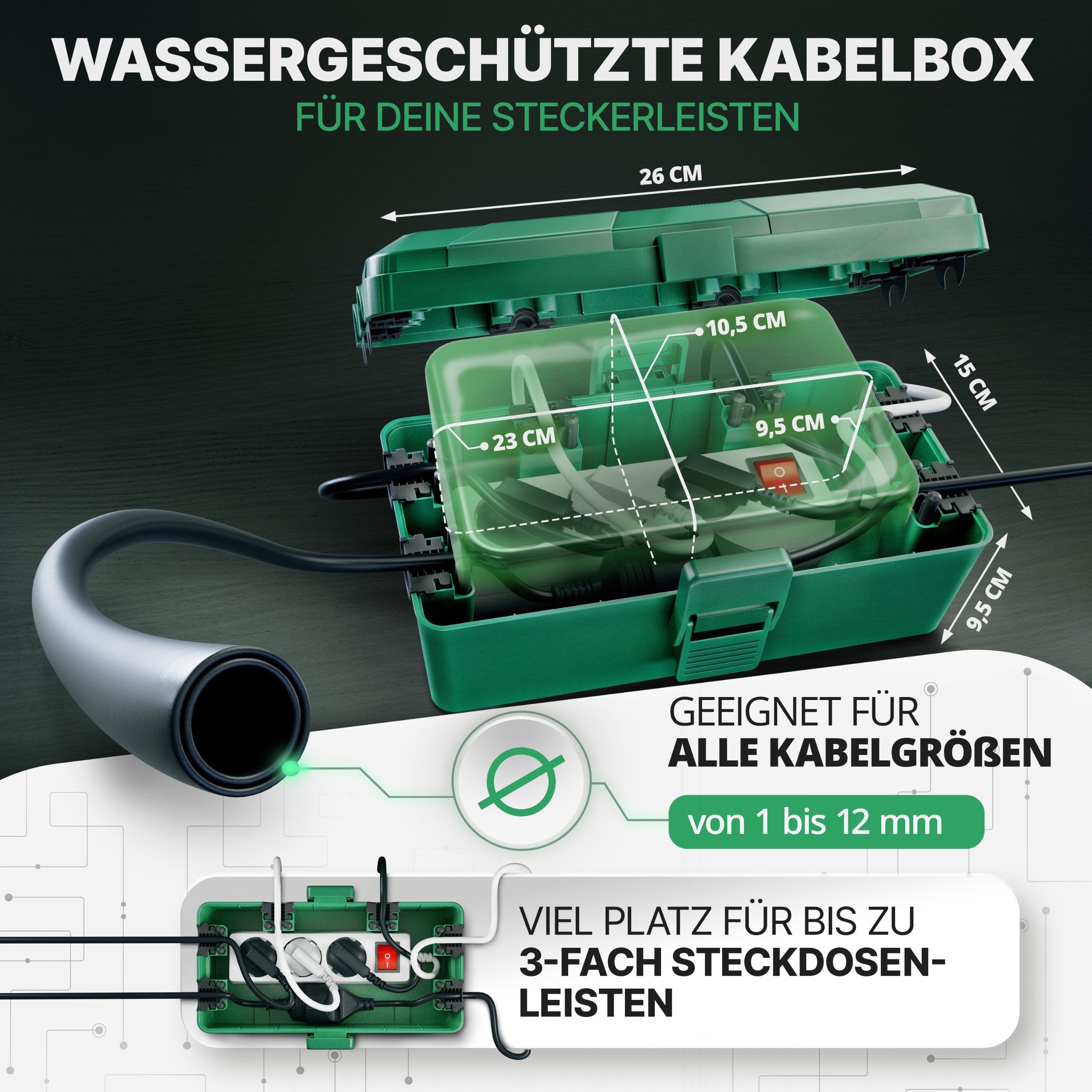 Wetterfeste Kabelbox (IP54) mit 6 Kabeleingängen