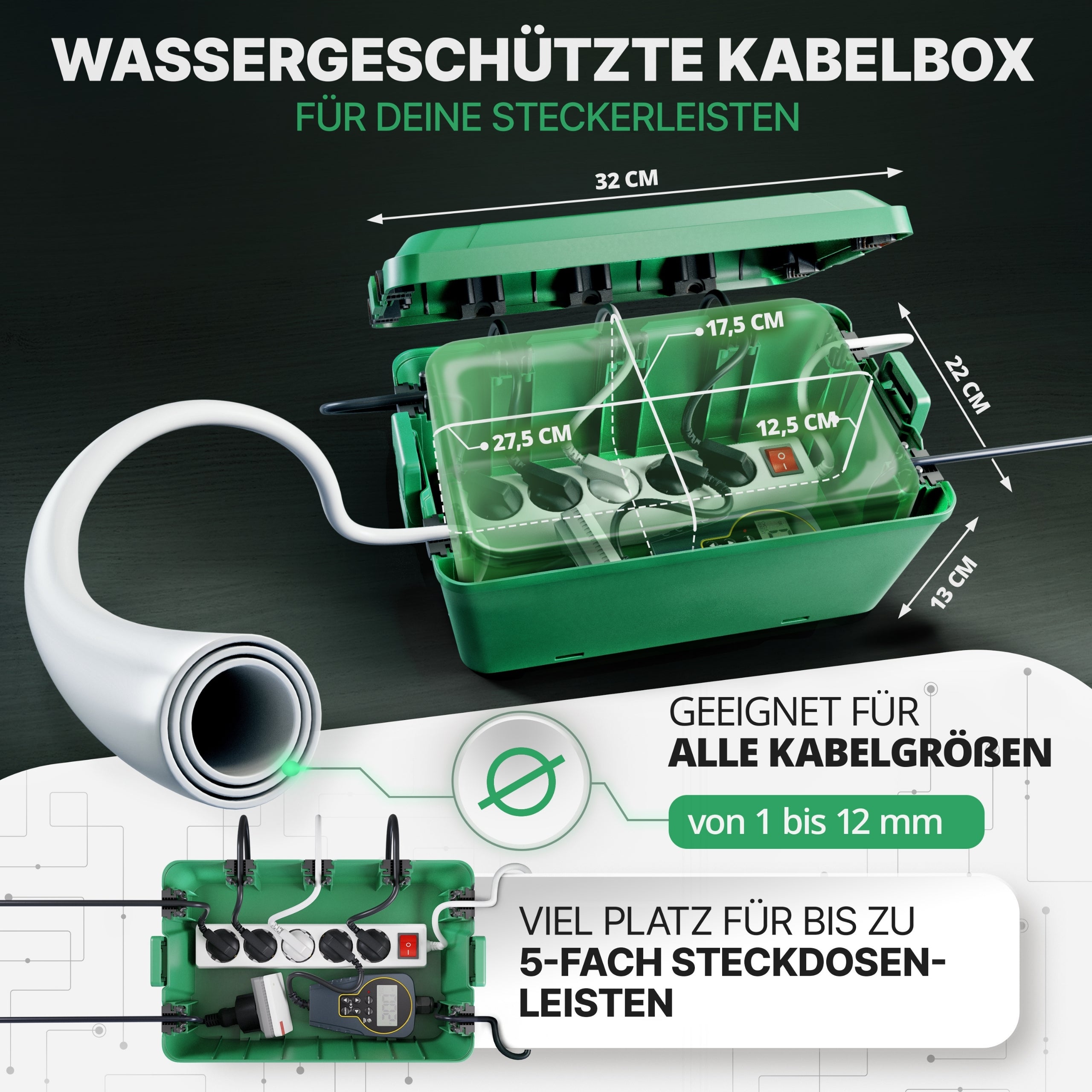 Wetterfeste Kabelbox (IP54) mit 7 Kabeleingängen