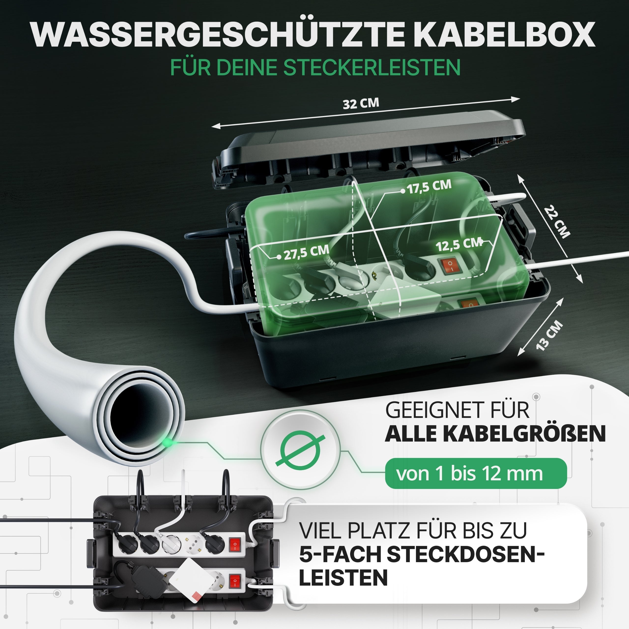 Wetterfeste Kabelbox (IP54) mit 7 Kabeleingängen